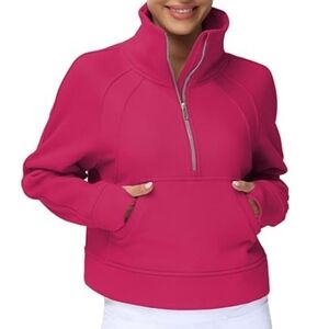 Half Zip Pullover Fleece Stand Collar Crop Sweatshirt with Pockets Dark Pink